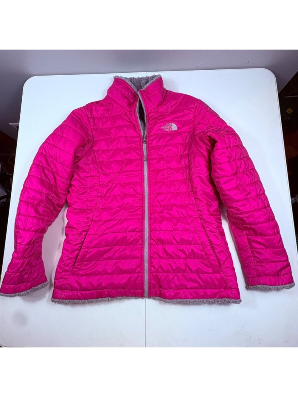 The North Face Girls Reversible Quilted Fleece Jacket Pink‎ Gray Youth XL